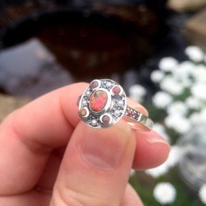 1CT red opal & pearl bohemian sterling silver ring